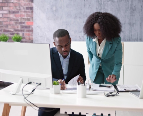 Image of two business people reviewing financial information on their computer.
