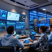 Business leader analyzing IT strategy dashboard in a modern office, symbolizing strategic decision-making for managed IT services in 2025.