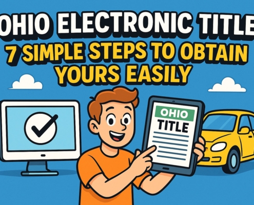 Cartoon illustration showing a person holding an Ohio electronic title with a yellow car and computer icon, representing 7 easy steps to get your digital title in Ohio
