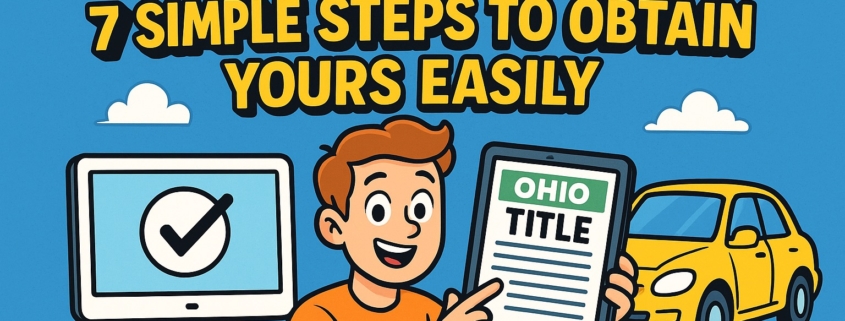 Cartoon illustration showing a person holding an Ohio electronic title with a yellow car and computer icon, representing 7 easy steps to get your digital title in Ohio