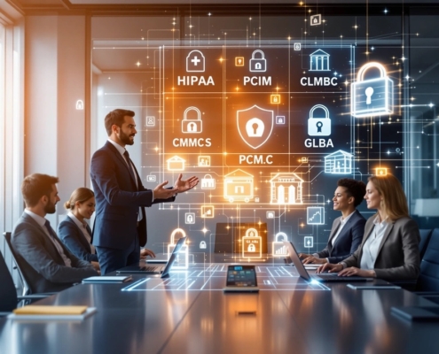 IT Business Solutions: Business professionals in a conference room discuss IT security and compliance strategies with projected digital icons above the table.