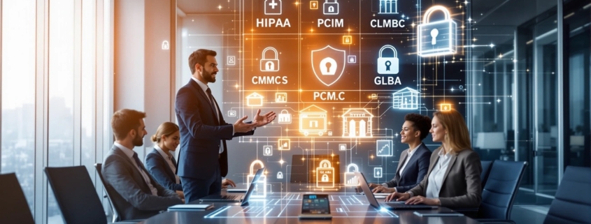 IT Business Solutions: Business professionals in a conference room discuss IT security and compliance strategies with projected digital icons above the table.