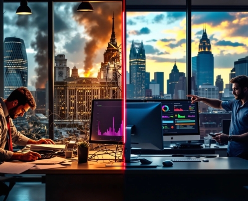 Managed IT Services Cleveland visual showing chaotic in-house IT setup compared to organized outsourced IT environment