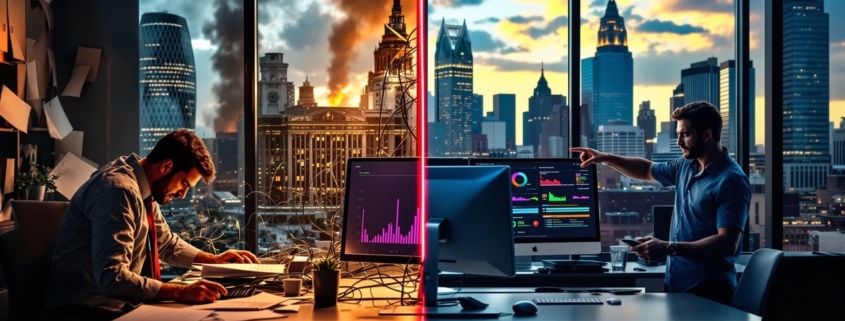 Managed IT Services Cleveland visual showing chaotic in-house IT setup compared to organized outsourced IT environment