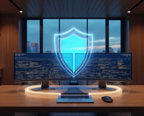 IT Support for Law Firms: Law firm team working in a secure digital environment with cloud and cybersecurity icons overlayed, representing IT support for law firms