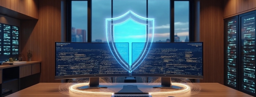 IT Support for Law Firms: Law firm team working in a secure digital environment with cloud and cybersecurity icons overlayed, representing IT support for law firms