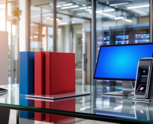Office desk setup featuring a computer, fingerprint scanner, and binders — representing essential steps for GLBA compliance, privacy protection, and data security.