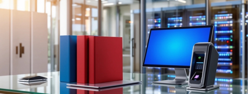 Office desk setup featuring a computer, fingerprint scanner, and binders — representing essential steps for GLBA compliance, privacy protection, and data security.