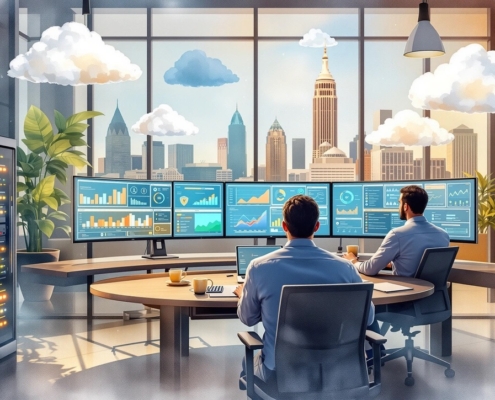 Managed Services Cleveland: Business professionals in Cleveland reviewing managed IT service options with a technology provider, highlighting pricing and SLA expectations.