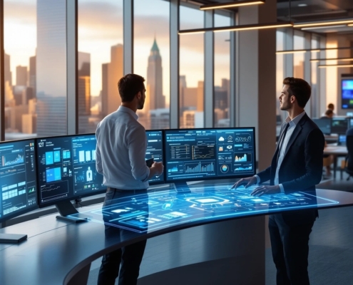 Two IT professionals in Cleveland analyzing predictive AI monitoring data on curved monitors in a modern office — managed IT services Cleveland 2026