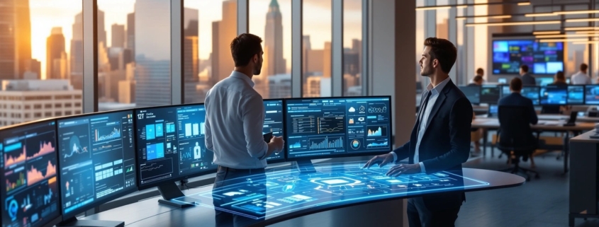 Two IT professionals in Cleveland analyzing predictive AI monitoring data on curved monitors in a modern office — managed IT services Cleveland 2026