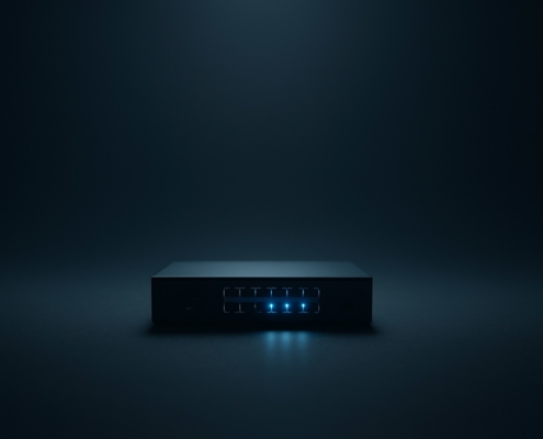 Minimalist network switch with glowing blue lights symbolizing managed IT services for small businesses and reliable technology infrastructure.