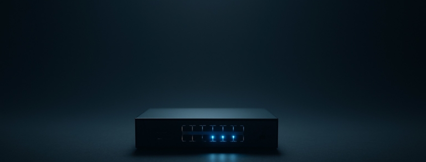 Minimalist network switch with glowing blue lights symbolizing managed IT services for small businesses and reliable technology infrastructure.