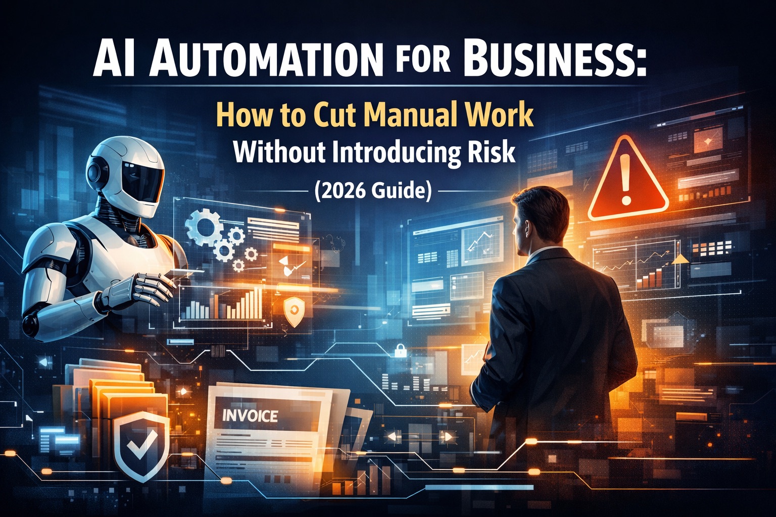 AI automation for business dashboard showing workflow automation, data processing, and risk control systems in 2026