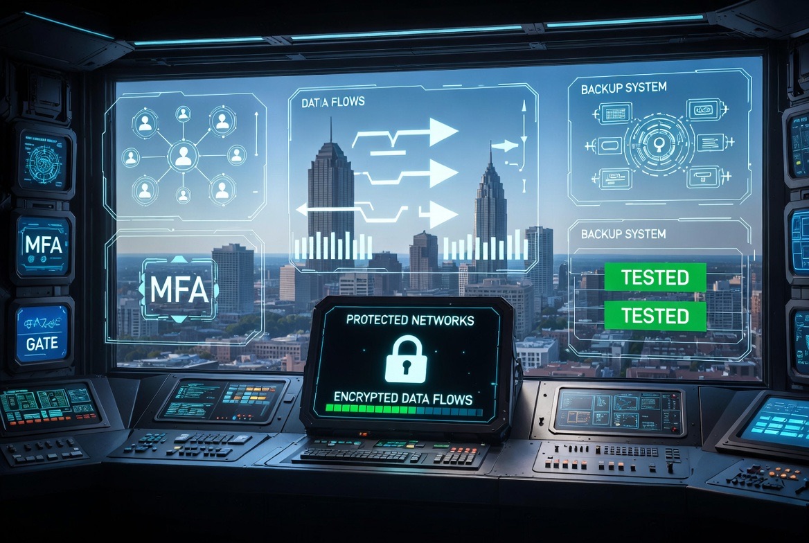 ransomware protection Ohio businesses with Microsoft 365 governance, cybersecurity monitoring, MFA, and tested backups