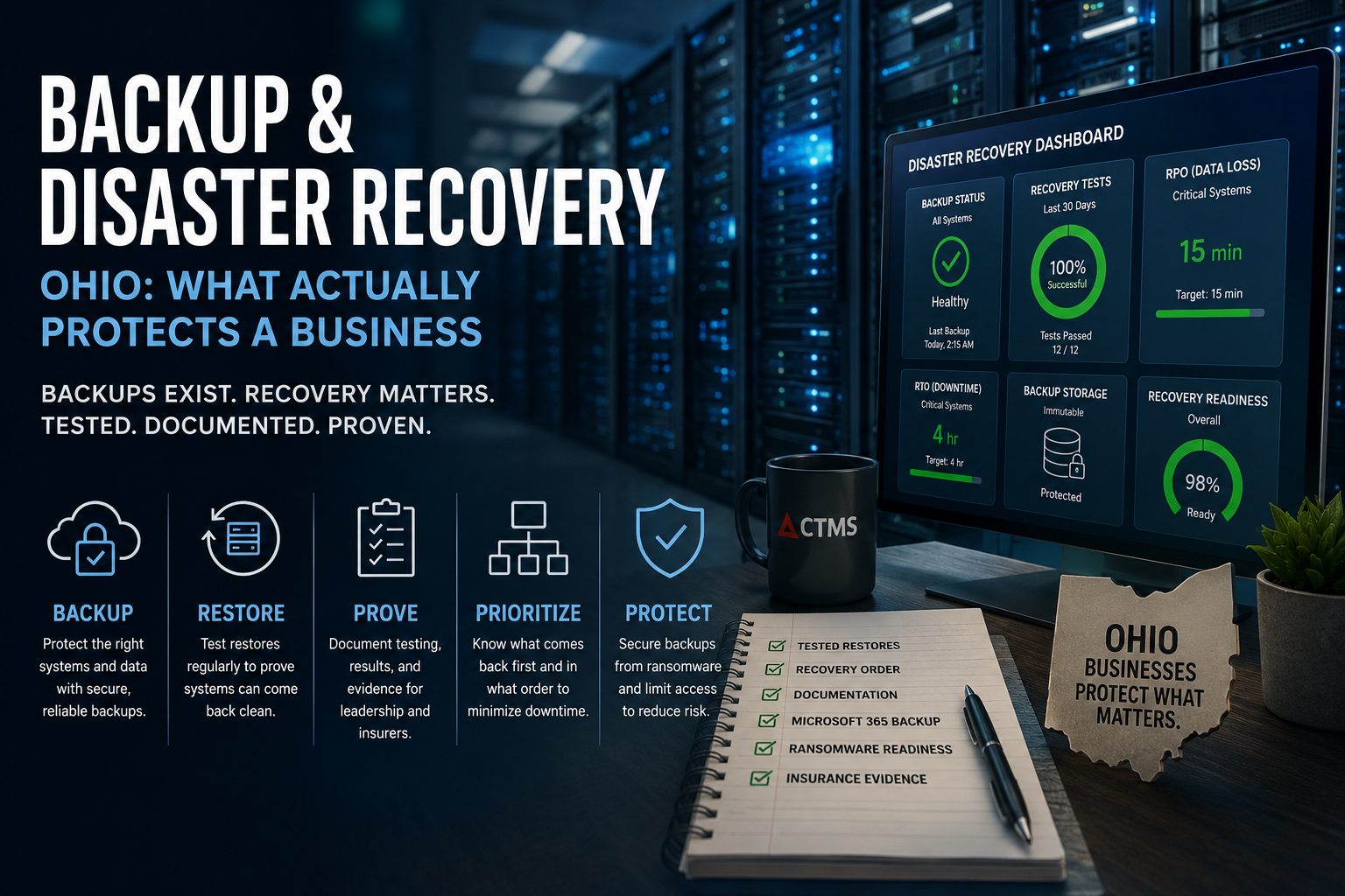 backup and disaster recovery Ohio plan showing restore testing, recovery order, Microsoft 365 backup, ransomware readiness, and insurance evidence