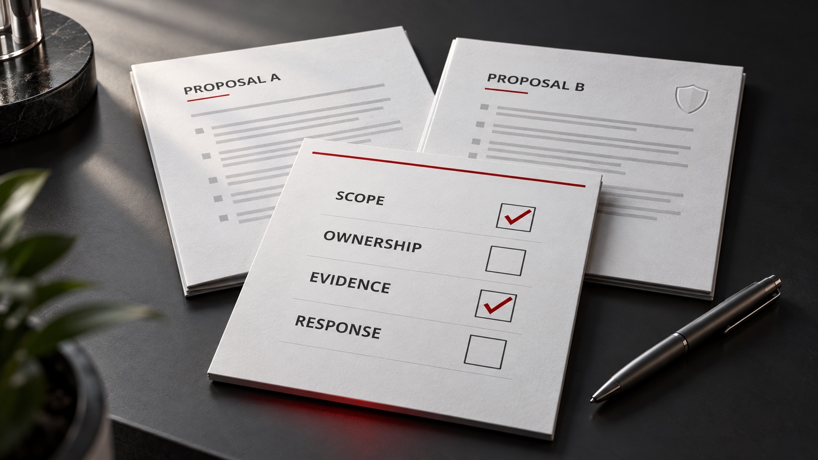 Two proposals and a checklist comparing cybersecurity services for small businesses.