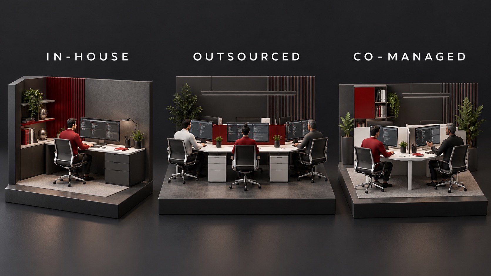 Three office scenes comparing in-house, outsourced and co-managed IT support.