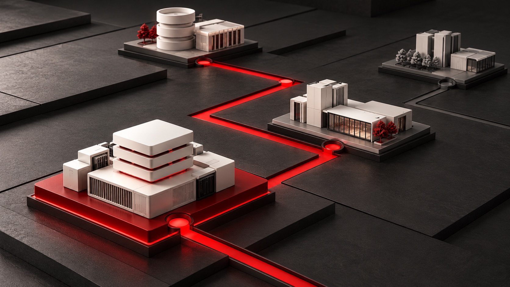 Business IT roadmap illustrated by white technology models connected by a red path, with one stage highlighted.