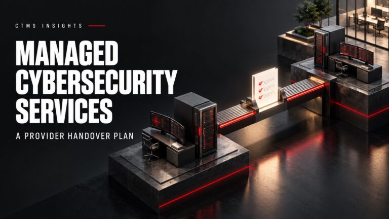 Managed cybersecurity services handover illustrated by two IT environments linked through a central checklist.