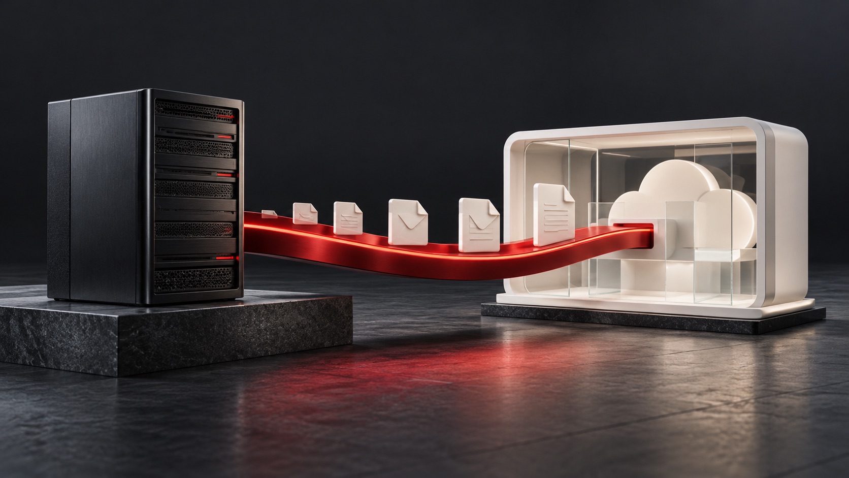 Microsoft 365 migration services illustrated by email and files crossing a red bridge from a server to a cloud workspace.