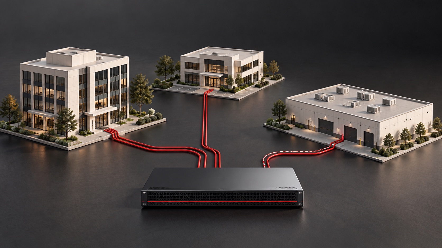 Three business locations connected by red network paths to a central network appliance.